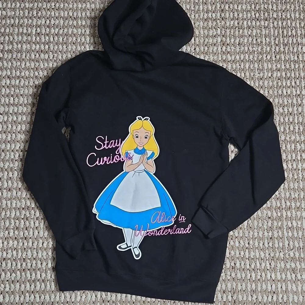 Disney Alice in Wonderland Hoodie XS 0 - 2 Sweater Stitched Stay Curious Top - Picture 2 of 2